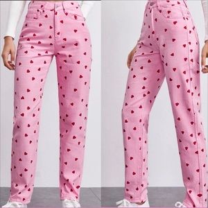 Pink and Red Heart Colored Printed High Rise Straight Leg Jeans Size 28